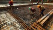 Construction workers installing reinforcement bars at a building site under sunlight.