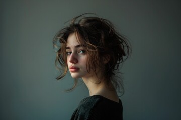 Wall Mural - Curlyhaired young woman portrait with natural beauty on neutral grey background