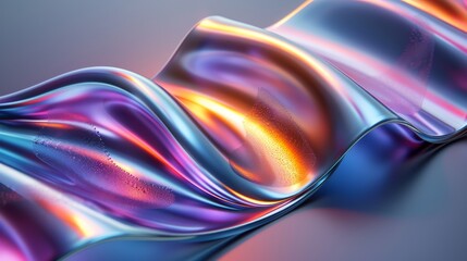 Wall Mural - Colorful abstract fluid shape with a chrome gradient, depicting flowing liquid on a grey background. Close up view. Abstract holographic wallpaper in the style of soft light, gradient, wide angle