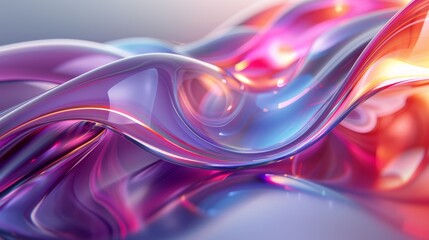 Wall Mural - Colorful abstract fluid shape with a chrome gradient, depicting flowing liquid on a grey background. Close up view. Abstract holographic wallpaper in the style of soft light, gradient, wide angle