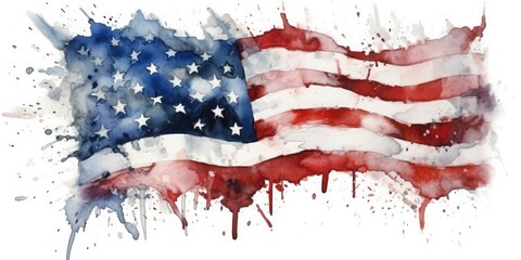Horizontal illustration of the American flag on a white background, watercolor drawing of the flag.
