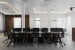 © CGI - copy space, stock photo, modern Industrial style open office with white walls, black chairs, PC