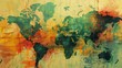 Vibrant artistic world map with abstract paint splashes and geographical coordinates
