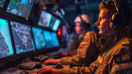 Poster - Focused military personnel operating computers in a highly-technical command center with multiple screens.