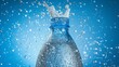 Sparkling water bottle with bubbles on blue bokeh background.