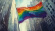 Vibrant rainbow flag on city street in oil painting style. Expressionism art with thick brush strokes. LGBTQ+ pride and diversity concept.
