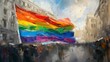 Vibrant rainbow flag on city street in oil painting style. Expressionism art with thick brush strokes. LGBTQ+ pride and diversity concept.