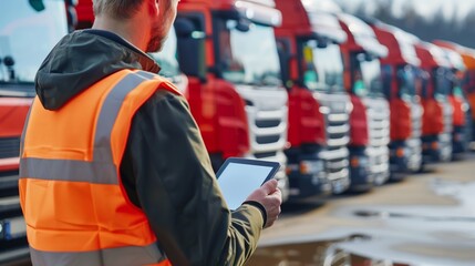 Sticker - Logistics manager using a tablet in a truck parking lot with multiple red trucks.