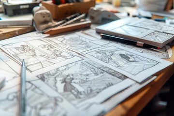 The storyboard planning phase of a stop-motion animation, with sketches of keyframes and scenes