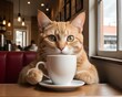 cat with cup of coffee, cat in café, cat and coffee,  cat sipping coffee in a café, cat with coffee