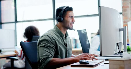Aufkleber - Happy man, consultant and call center with headphones in tech support, telemarketing or customer service at office. Friendly male person, employee or young agent for online advice, help or assistance