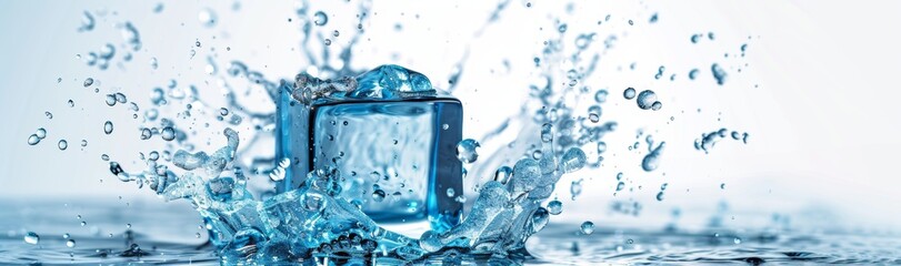 A_clear_blue_ice_cube_with_splashes_of_water_isolated 