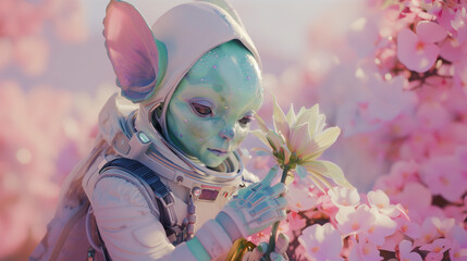 Canvas Print - Science fiction photography in pastel colors.
Alien woman with flowers