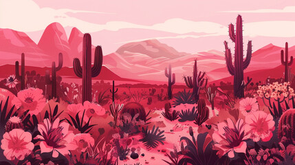 An illustration of the desert with cacti and flowers, pink and red color palette. 