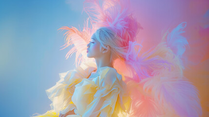 Wall Mural - Fashion background with a girl in soft pink feathers, copy space