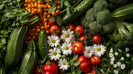 Sticker - A vibrant display of fresh vegetables and flowers including tomatoes, zucchinis, and daisies.