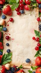 Wall Mural - Fresh summer berries arranged on a textured beige background with copy space.