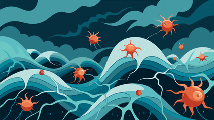 Wall Mural - A stormy sea of neurons with tumultuous waves and currents illustrating the turbulent and unpredictable nature of ketamines effects on neurological.