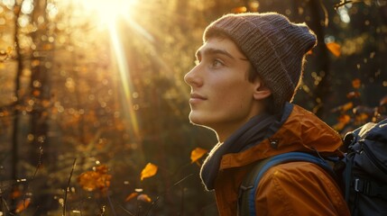 Poster - Young Hiker Enjoying Autumn Sunset