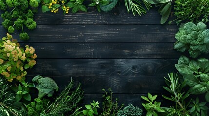 Poster - Top view of various fresh herbs and vegetables artistically arranged on a dark wooden background.