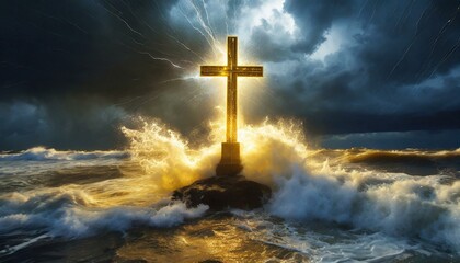 Wall Mural - A Golden Cross Standing Tall Amidst The Crashing Waves of a Stormy Sea