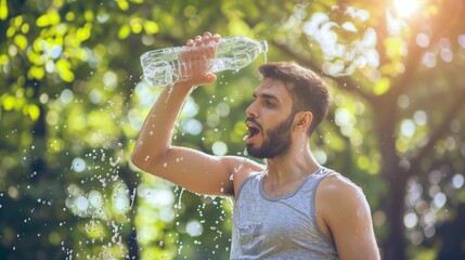 Wall Mural - A man is pouring water from a bottle over his head. heatstroke. hot summer day.