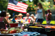 People eating barbecue in the garden, celebrating 4th July, Independence day