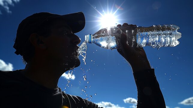 silhouette of a person drinking the water. hot summer day.