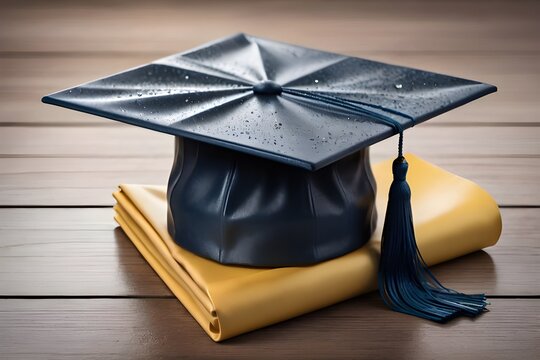 A wet graduation cap with on a wooden surface, indicating recent rain. Ideal for themes of educational success or overcoming challenges. generative ai