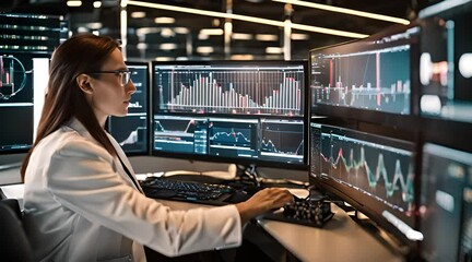 Data science and big data technology. Scientist computing, analysing and visualizing complex data set on computer. Data mining, artificial intelligence, machine learning, business analytics