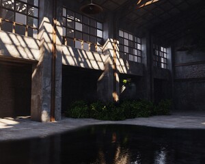 Wall Mural - 3D rendered interior of an abandoned industrial space