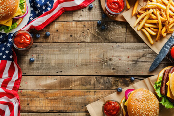 Picnic table with delicious food, burgers, hot dogs, french fries and condiments for USA 4th July Independence day, top view