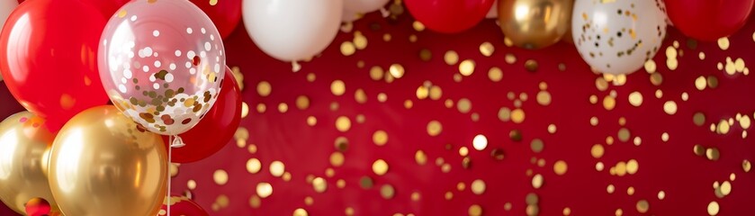 balloons, celebration, red, white, gold, confetti, festive, party, decoration, birthday, event, background, cheerful, joy, colorful, vibrant, decor, happiness, anniversary, celebration, ornament, heli