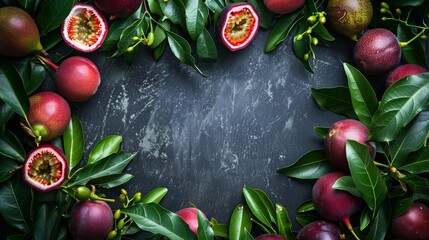 Wall Mural - Fresh passion fruits with leaves arranged on a dark slate backdrop, creating an inviting frame.