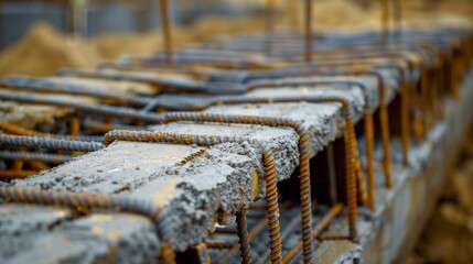 Canvas Print - Close-up view of rusted rebar in concrete forms at a construction site with blurred background.