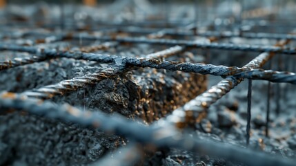 Close-up view of a construction site with rusty rebar and concrete foundations under construction.