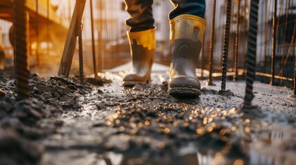 Wall Mural - Close-up view of workers' feet in muddy boots at a construction site during sunrise.
