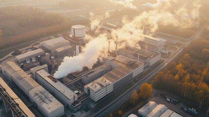 Wall Mural - Aerial view of an industrial complex with smokestacks releasing steam into the air, surrounded by autumn trees.