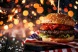Delicious hamburger with condiments for USA 4th July Independence day celebration