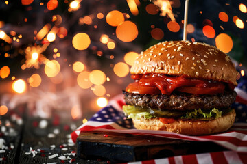 delicious hamburger with condiments for usa 4th july independence day celebration