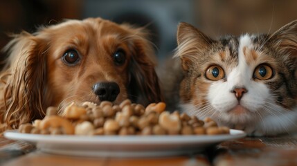 Canvas Print - Close-up portrait of an attentive brown dog and multicolored cat peering over a plate of food.