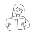 Girl holding and reading a book. Flat line illustration