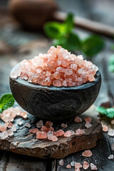 Wall Mural - Pink himalayan salt in bowl on wooden table