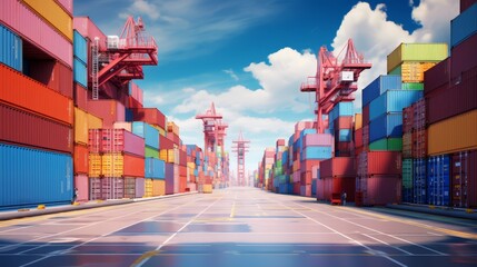 Wide-angle shot of a deserted container terminal, cranes towering over stacks of multicolored containers,