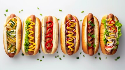 Wall Mural - An assortment of five hot dogs with various toppings on a white background.