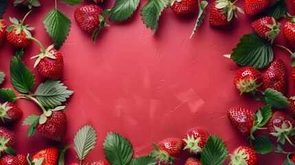 Wall Mural - Top view of fresh strawberries and green leaves on a textured red background with space for text.
