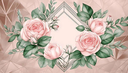 Wall Mural - Floral wreath frame, pink roses and green leaves, illustration.