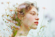 A double exposure portrait of a young fair-skinned woman with a field of wildflowers.