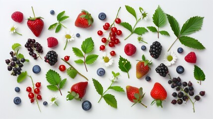 Wall Mural - A vibrant display of various berries and flowers on a white background, arranged neatly.