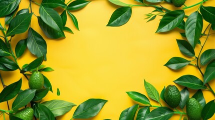 Wall Mural - Fresh green avocados with leaves spread on a bright yellow background, creating a vibrant and natural frame.